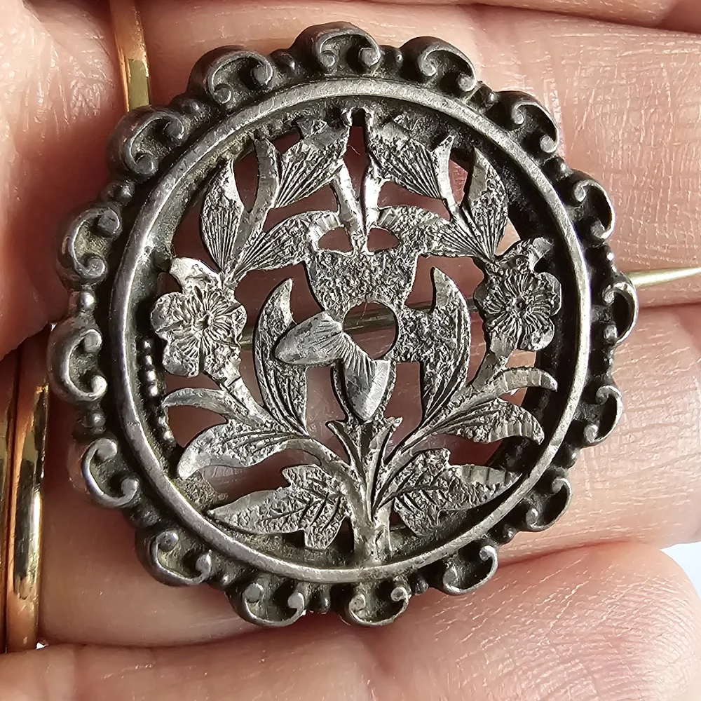 Antique floral brooch Victorian flowers silver tone cutout vintage old pin